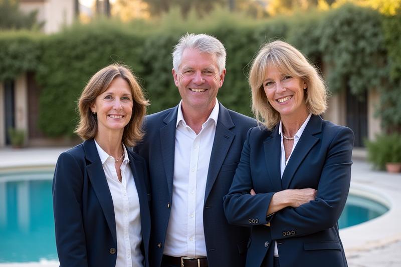 L'équipe de Fontaine de Vénus posant fièrement devant une villa provençale avec vue sur une piscine récemment achevée.