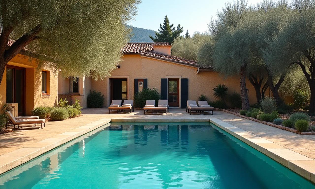 Piscine familiale du Mas des Oliviers entourée d'oliviers, design traditionnel