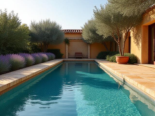 Piscine de style provençal avec mosaïque et margelles en pierre