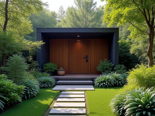 Sauna extérieur moderne intégré dans un jardin verdoyant