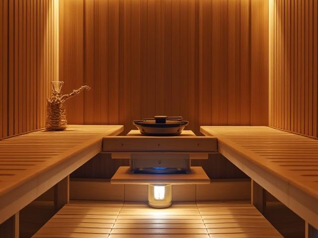 Intérieur de sauna de luxe en bois de tremble avec éclairage tamisé