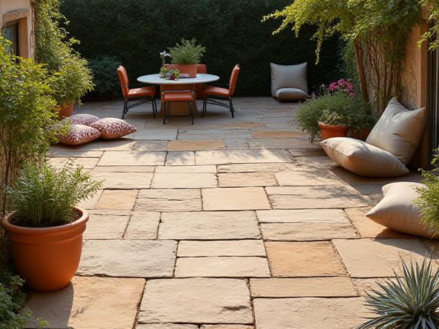 Terrasse en pierre naturelle de Provence entourant un espace détente