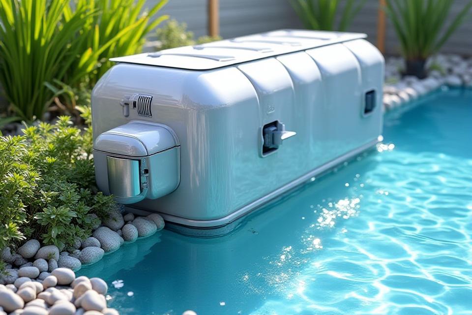Système de filtration d'eau moderne et écologique pour piscine, avec plantes aquatiques