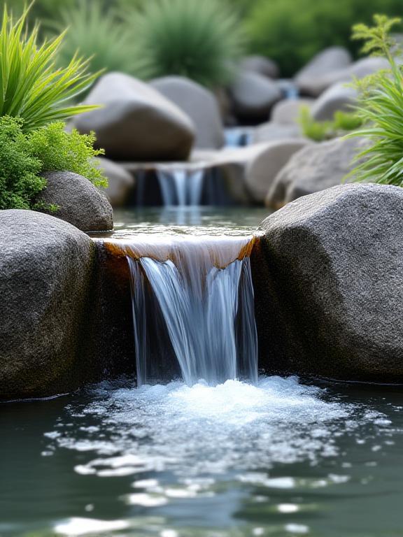 Cascade d'eau naturelle descendant sur des rochers dans un jardin paysager méditerranéen