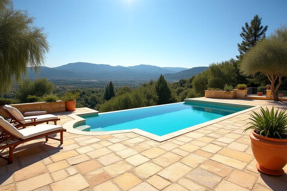 Magnifique terrasse en dalles de pierre entourant une piscine avec vue sur la nature provençale