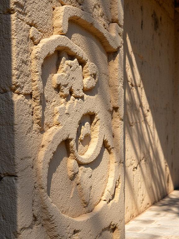 Gros plan sur un mur en pierre taillée à la main avec motifs complexes, ambiance provençale