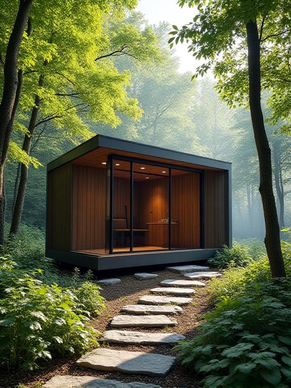 Sauna extérieur contemporain intégré à un magnifique paysage boisé