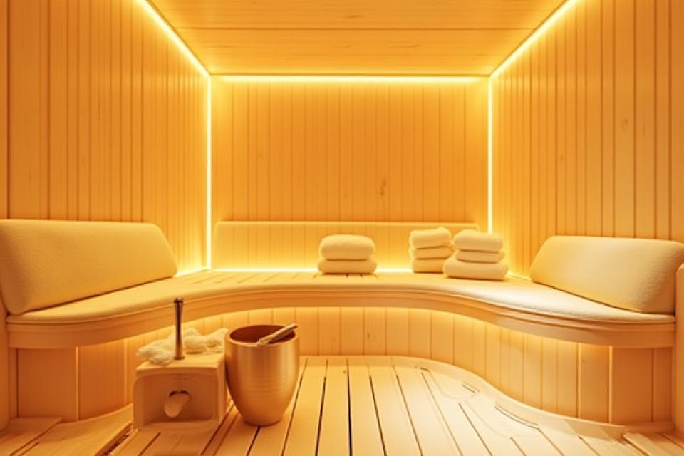 Intérieur d'un sauna moderne en bois avec lumières LED